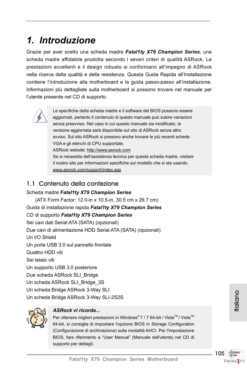 Italian, Introduzione, 1 contenuto della confezione | Italiano | ASRock Fatal1ty X79 Champion User Manual | Page 105 / 265