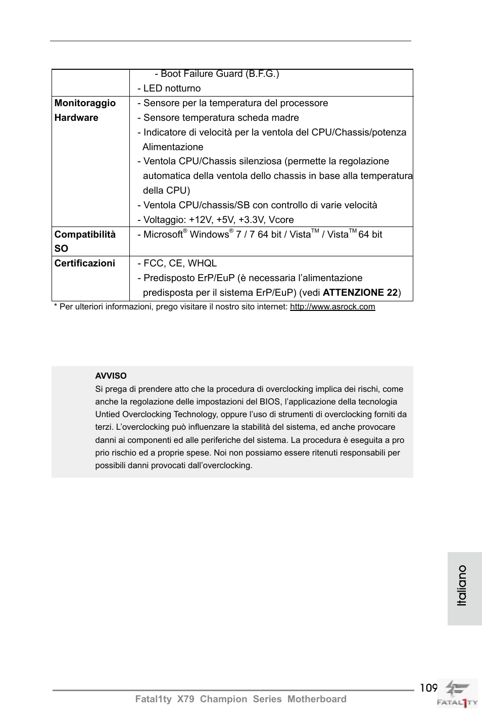 Italiano | ASRock Fatal1ty X79 Champion User Manual | Page 109 / 265