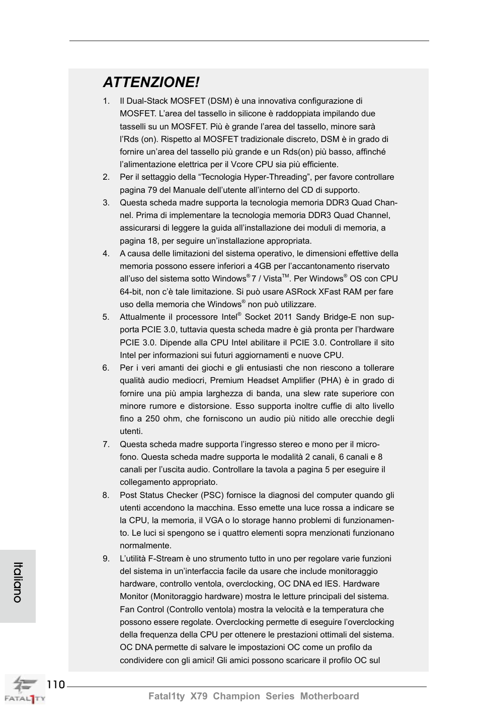 Attenzione, Italiano | ASRock Fatal1ty X79 Champion User Manual | Page 110 / 265
