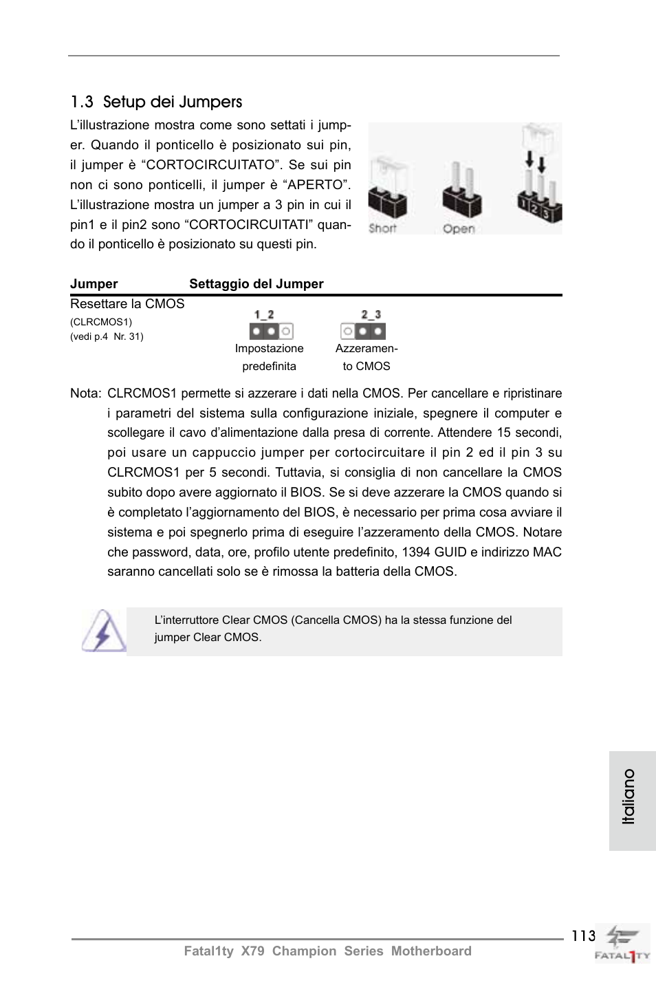 3 setup dei jumpers, Italiano | ASRock Fatal1ty X79 Champion User Manual | Page 113 / 265