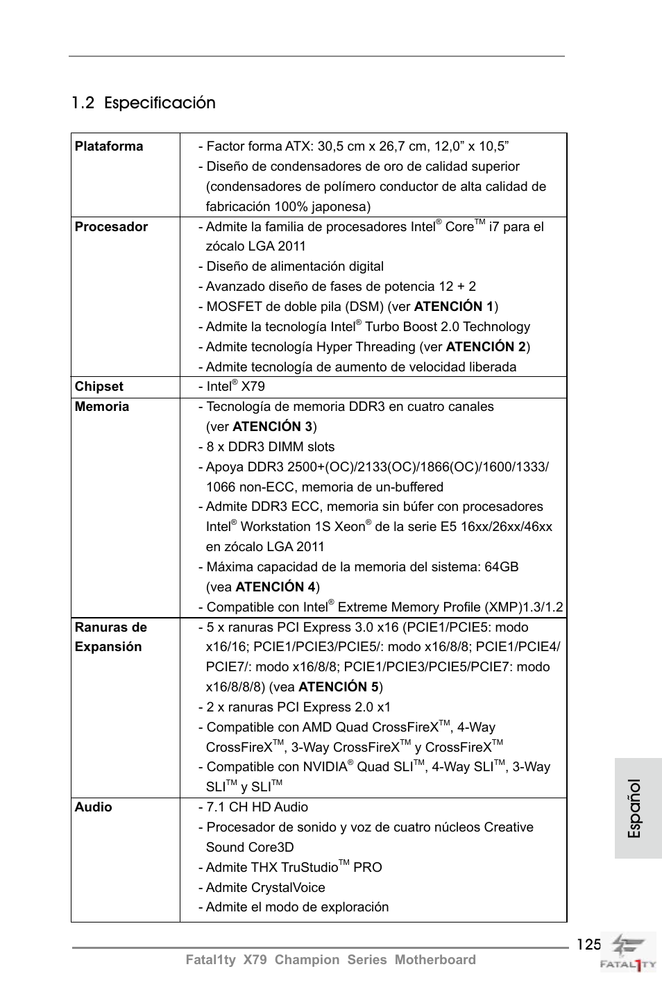 2 especificación, Español | ASRock Fatal1ty X79 Champion User Manual | Page 125 / 265