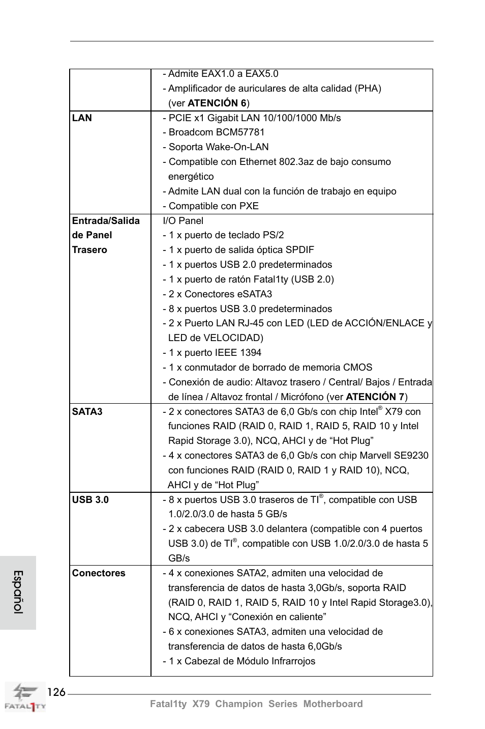 Español | ASRock Fatal1ty X79 Champion User Manual | Page 126 / 265
