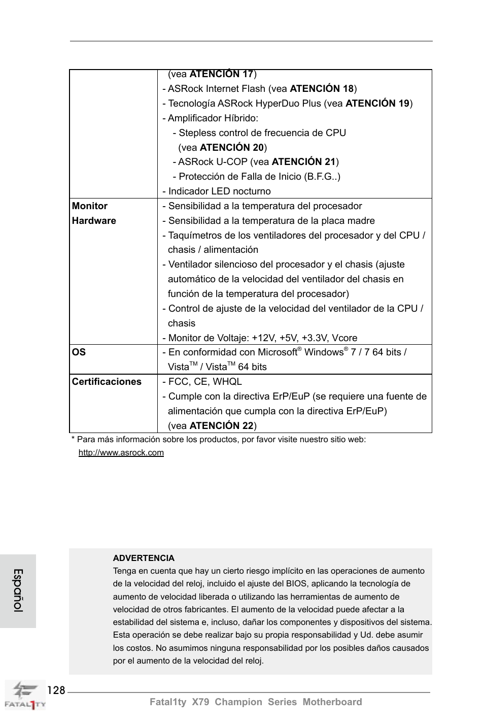 Español | ASRock Fatal1ty X79 Champion User Manual | Page 128 / 265
