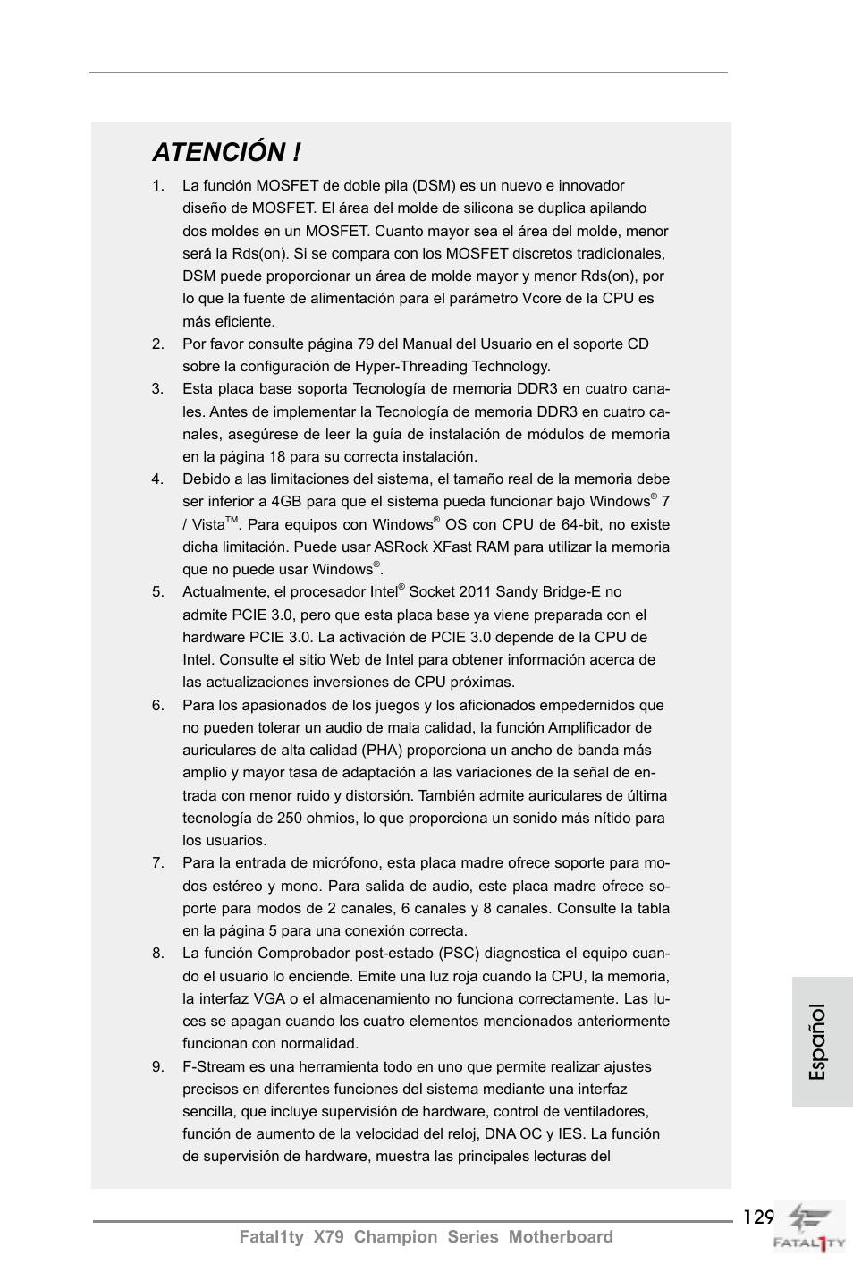 Atención, Español | ASRock Fatal1ty X79 Champion User Manual | Page 129 / 265