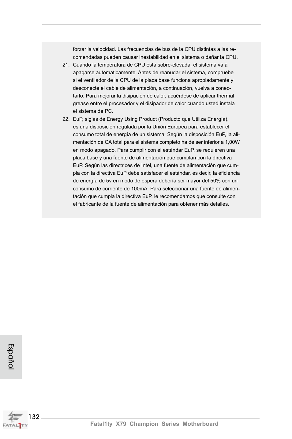 Español | ASRock Fatal1ty X79 Champion User Manual | Page 132 / 265