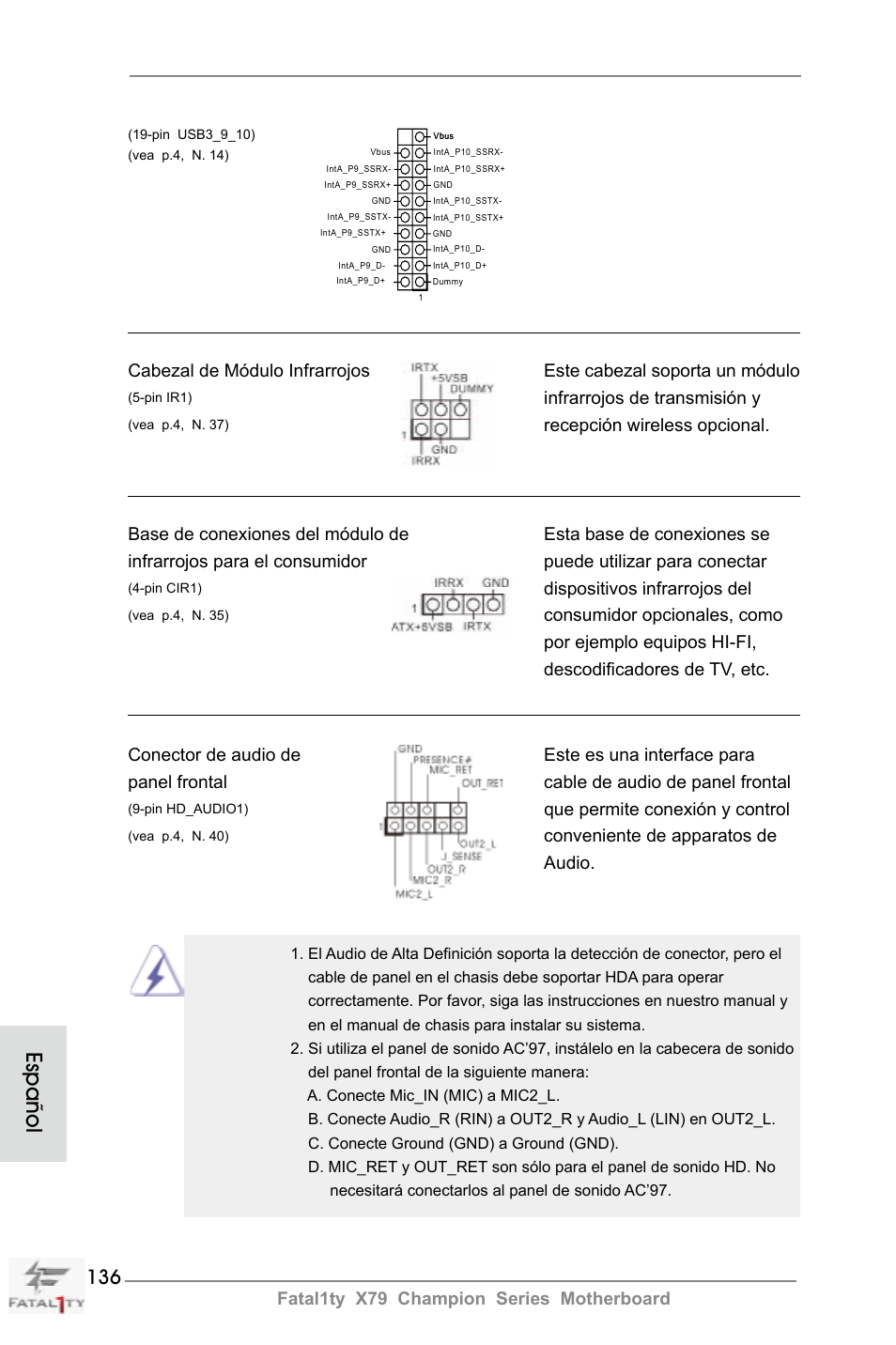 Español, Fatal1ty x79 champion series motherboard, Infrarrojos de transmisión y | Recepción wireless opcional, Dispositivos infrarrojos del, Que permite conexión y control, Conveniente de apparatos de audio | ASRock Fatal1ty X79 Champion User Manual | Page 136 / 265