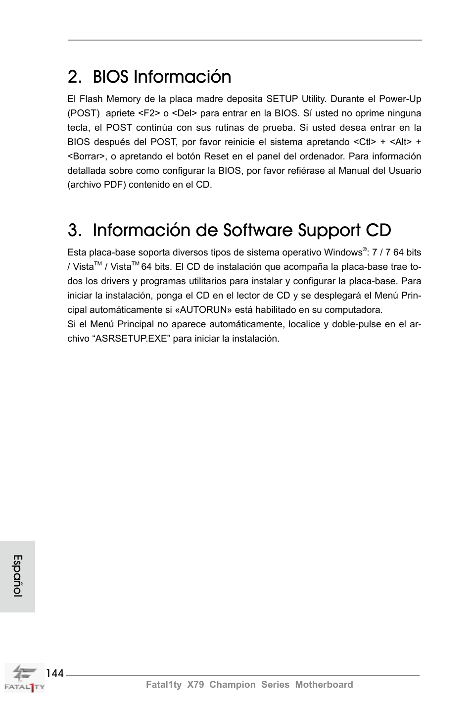 Bios información, Información de software support cd, Español | ASRock Fatal1ty X79 Champion User Manual | Page 144 / 265
