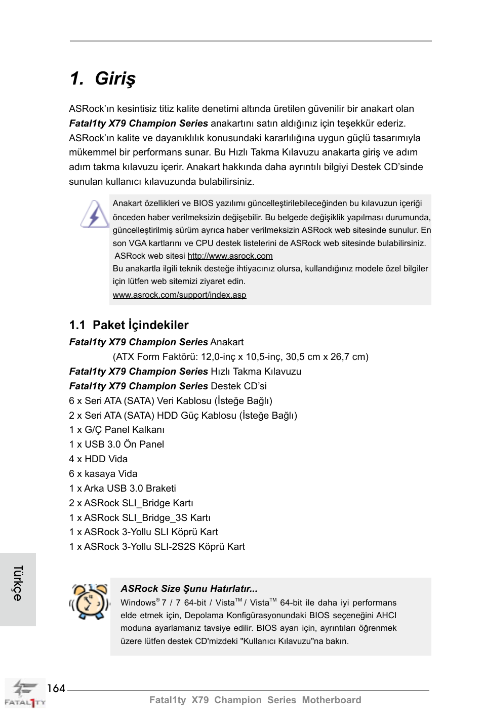 Turkish, Giriş, 1 paket içindekiler | Türkçe | ASRock Fatal1ty X79 Champion User Manual | Page 164 / 265