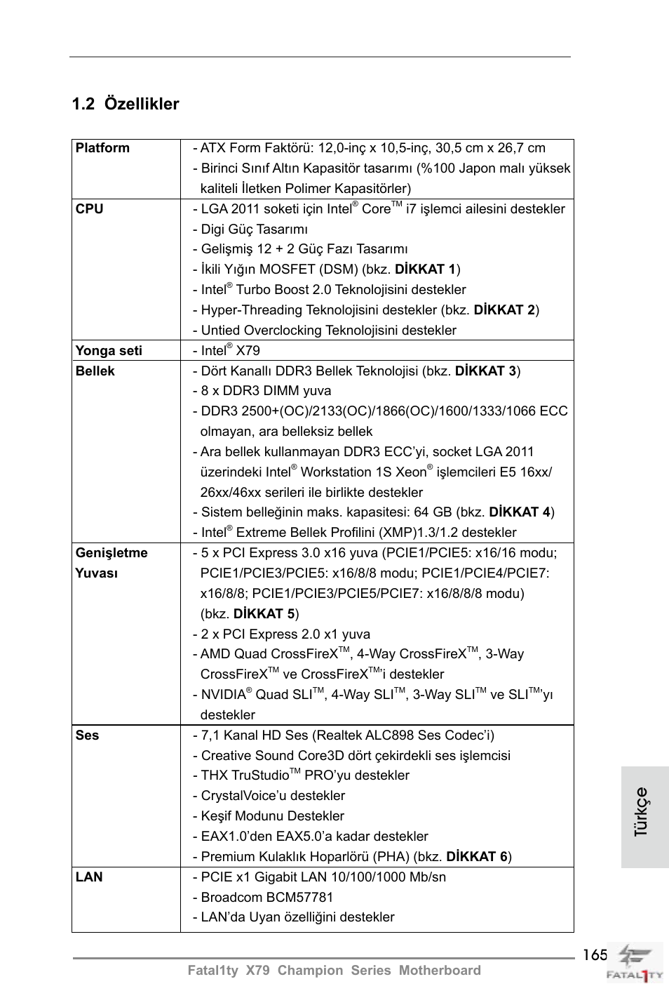 2 özellikler, Türkçe | ASRock Fatal1ty X79 Champion User Manual | Page 165 / 265