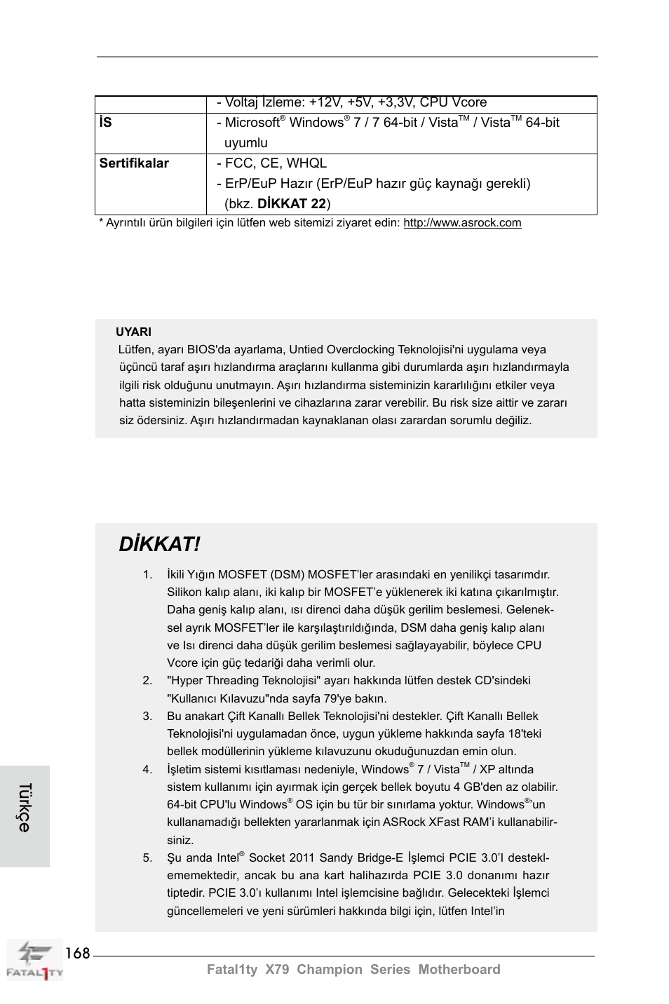 Dikkat, Türkçe | ASRock Fatal1ty X79 Champion User Manual | Page 168 / 265