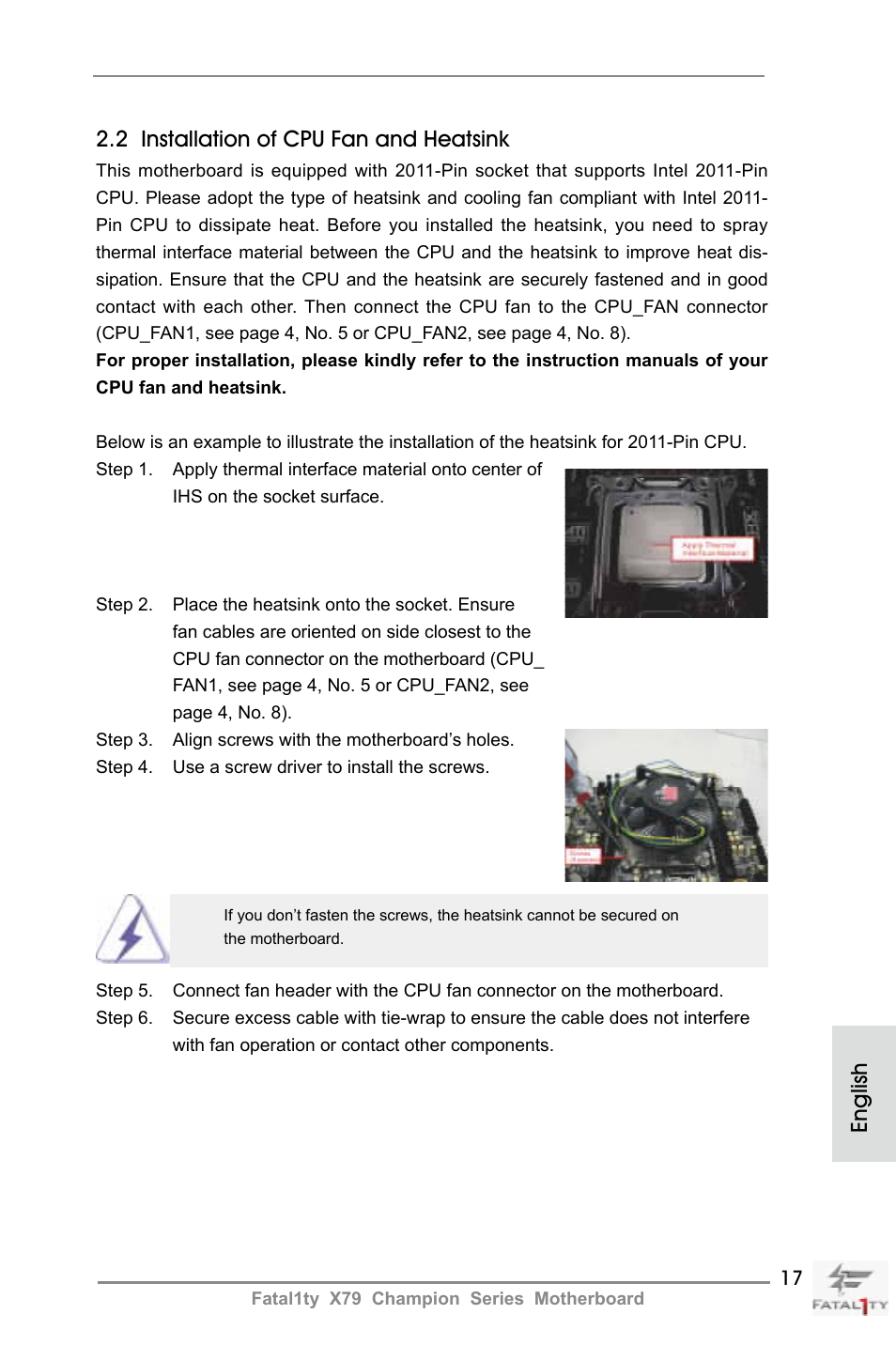 English 2.2 installation of cpu fan and heatsink | ASRock Fatal1ty X79 Champion User Manual | Page 17 / 265
