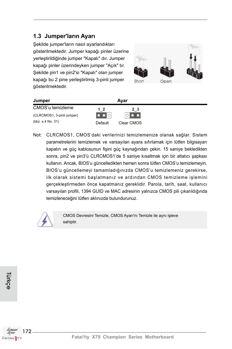 3 jumper'ların ayarı, Türkçe | ASRock Fatal1ty X79 Champion User Manual | Page 172 / 265