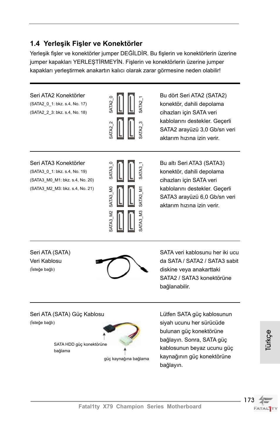 4 yerleşik fişler ve konektörler, Türkçe | ASRock Fatal1ty X79 Champion User Manual | Page 173 / 265
