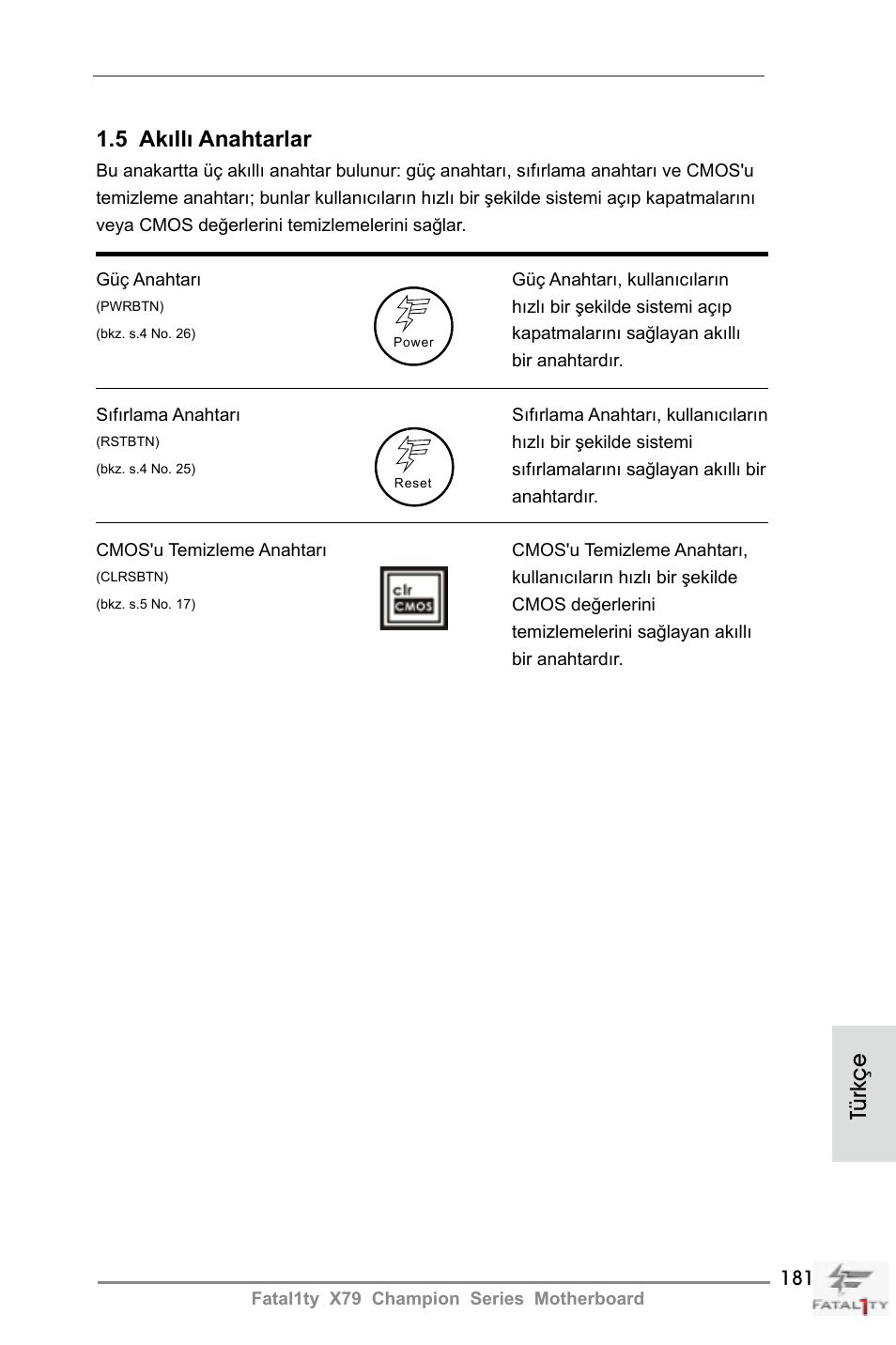 5 akıllı anahtarlar, Türkçe | ASRock Fatal1ty X79 Champion User Manual | Page 181 / 265