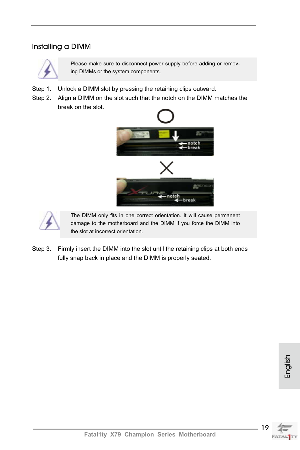 English installing a dimm | ASRock Fatal1ty X79 Champion User Manual | Page 19 / 265