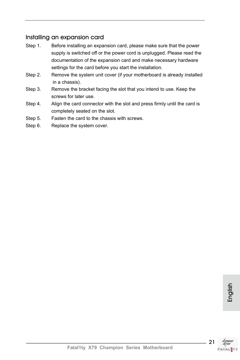 English installing an expansion card | ASRock Fatal1ty X79 Champion User Manual | Page 21 / 265