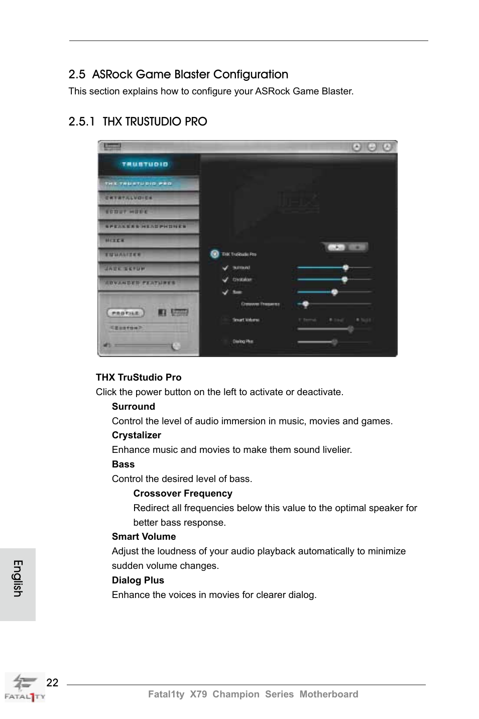 English 2.5 asrock game blaster configuration, 1 thx trustudio pro | ASRock Fatal1ty X79 Champion User Manual | Page 22 / 265