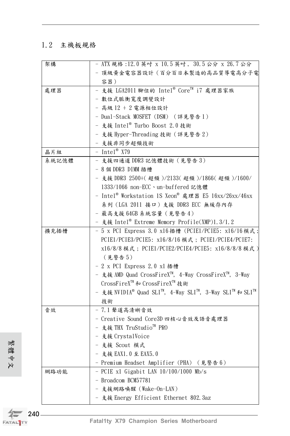 2 主機板規格, 繁體中文 | ASRock Fatal1ty X79 Champion User Manual | Page 240 / 265