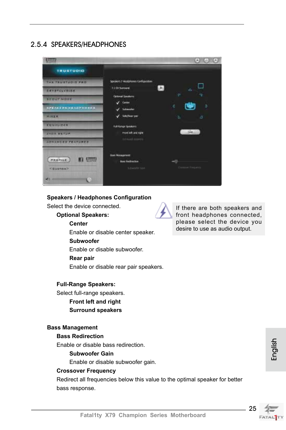 English 2.5.4 speakers/headphones | ASRock Fatal1ty X79 Champion User Manual | Page 25 / 265