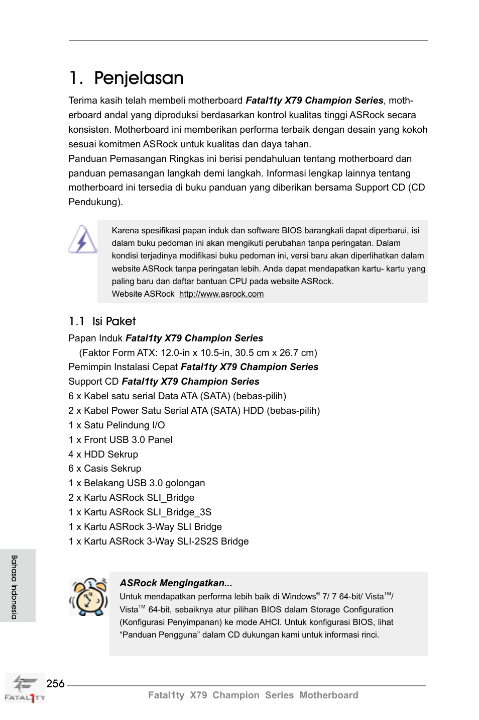 Indonesian, Penjelasan, 1 isi paket | ASRock Fatal1ty X79 Champion User Manual | Page 256 / 265