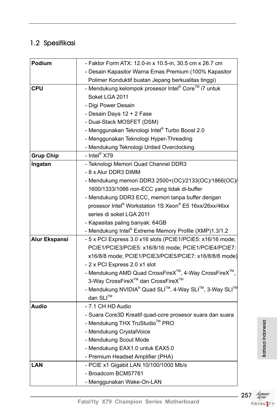 2 spesifikasi | ASRock Fatal1ty X79 Champion User Manual | Page 257 / 265