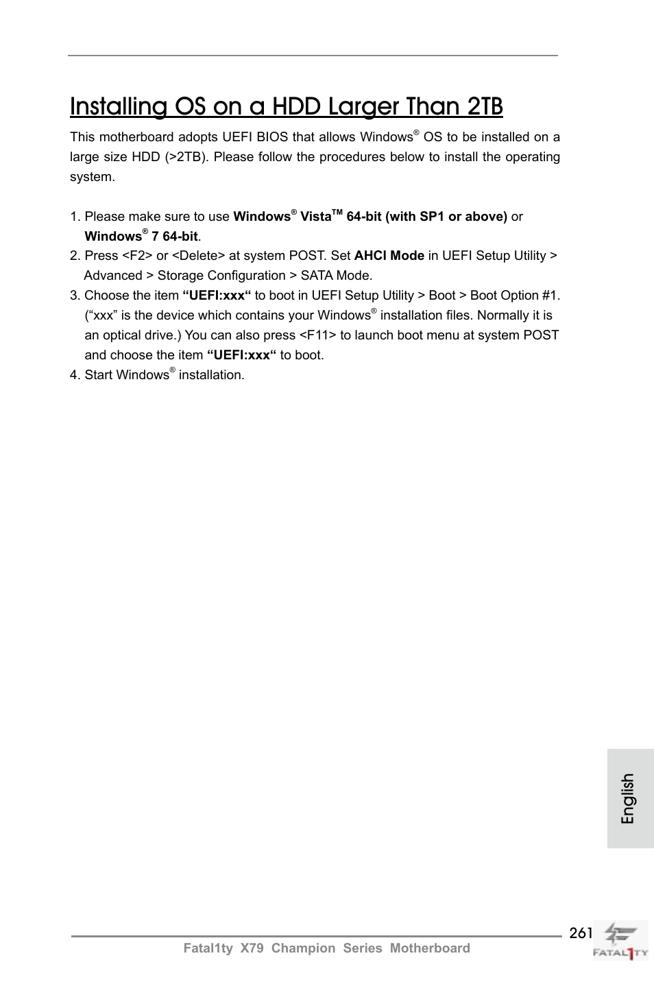 Installing os on a hdd larger than 2tb, English | ASRock Fatal1ty X79 Champion User Manual | Page 261 / 265