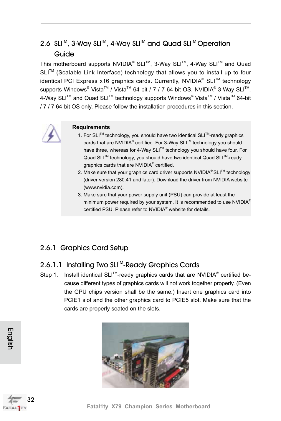 English 2.6 sli, Way sli, And quad sli | Operation guide, Ready graphics cards | ASRock Fatal1ty X79 Champion User Manual | Page 32 / 265