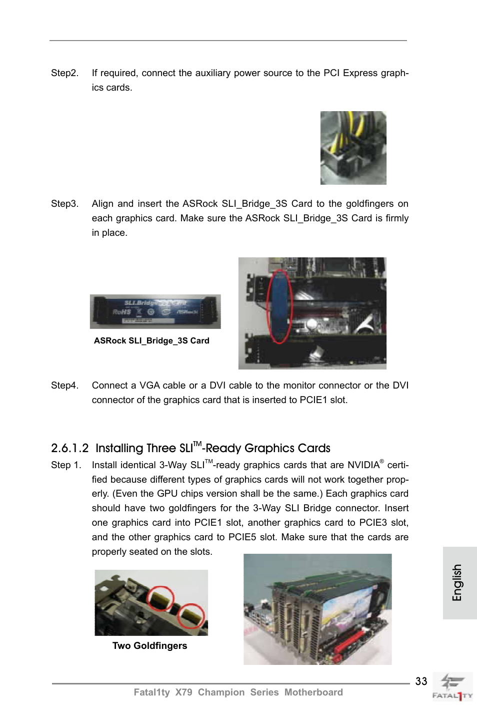 English, 2 installing three sli, Ready graphics cards | ASRock Fatal1ty X79 Champion User Manual | Page 33 / 265