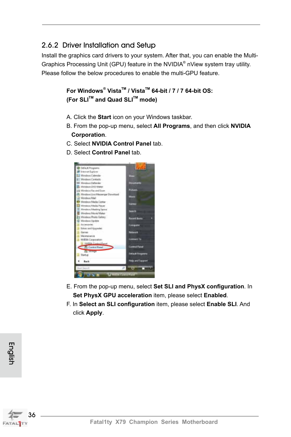 English 2.6.2 driver installation and setup | ASRock Fatal1ty X79 Champion User Manual | Page 36 / 265