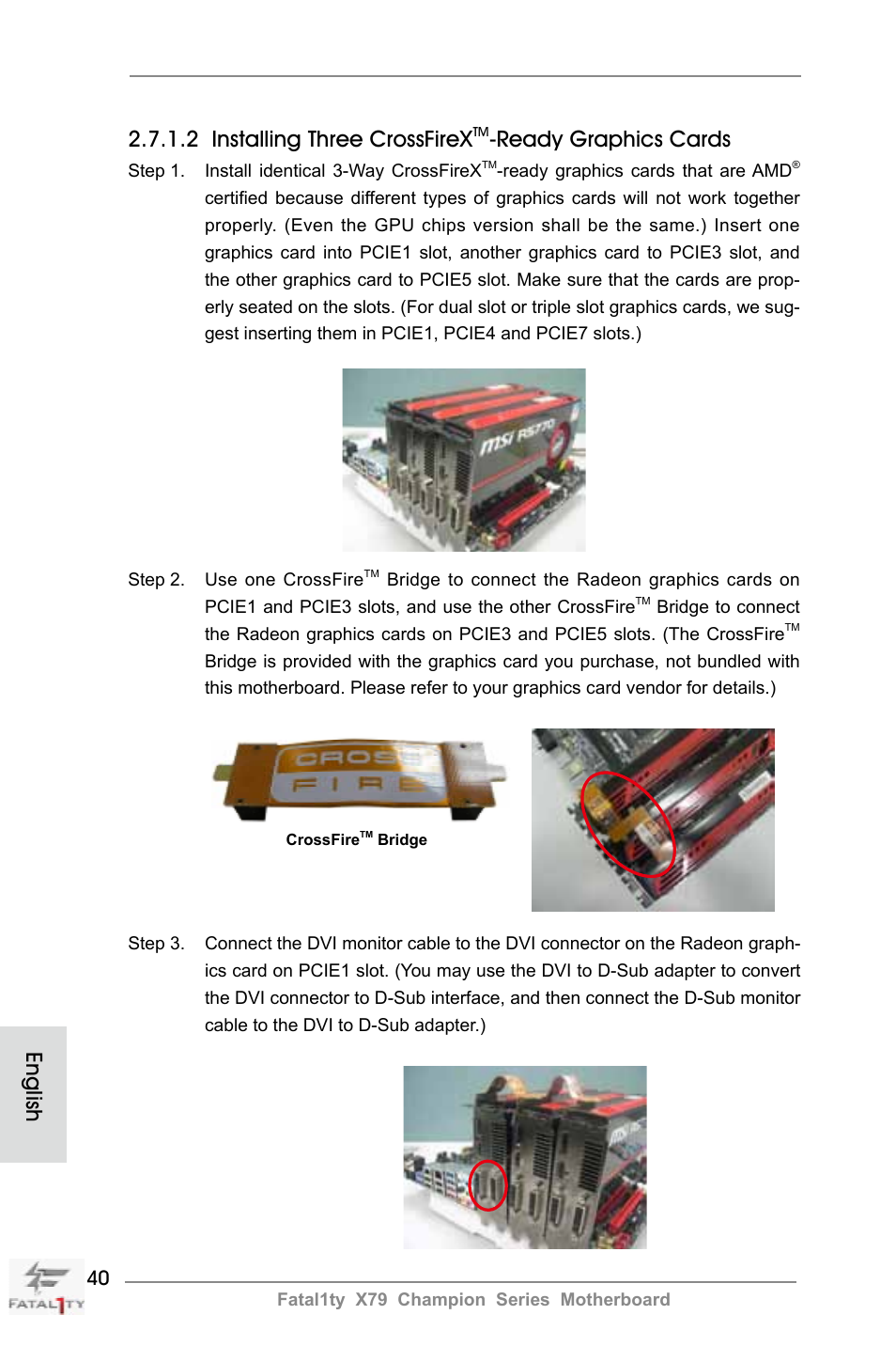 English 2.7.1.2 installing three crossfirex, Ready graphics cards | ASRock Fatal1ty X79 Champion User Manual | Page 40 / 265