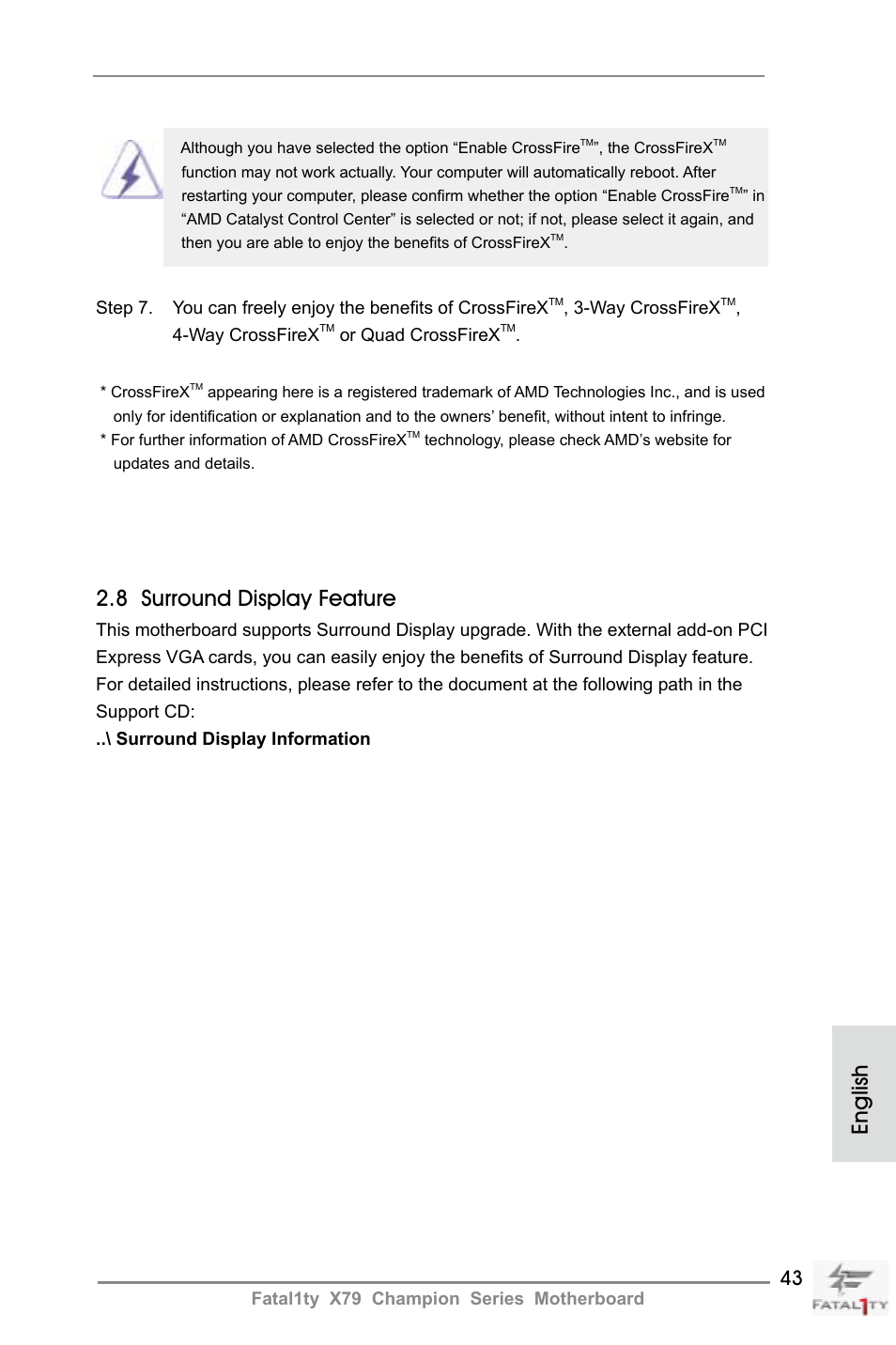English 2.8 surround display feature | ASRock Fatal1ty X79 Champion User Manual | Page 43 / 265