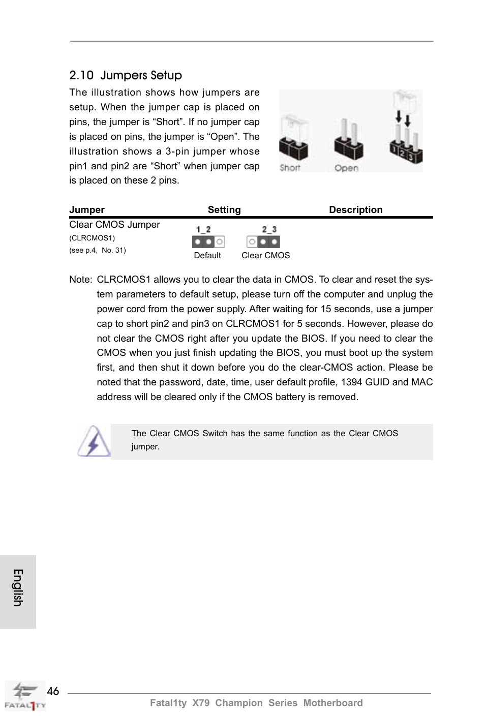 English 2.10 jumpers setup | ASRock Fatal1ty X79 Champion User Manual | Page 46 / 265