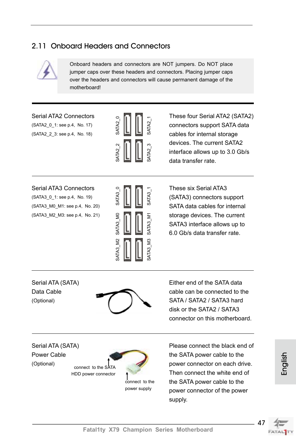 English 2.11 onboard headers and connectors | ASRock Fatal1ty X79 Champion User Manual | Page 47 / 265
