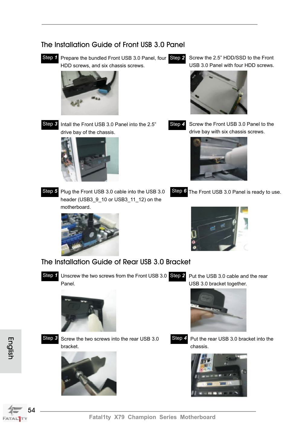 The installation guide of front usb 3.0 panel, The installation guide of rear usb 3.0 bracket, English | ASRock Fatal1ty X79 Champion User Manual | Page 54 / 265