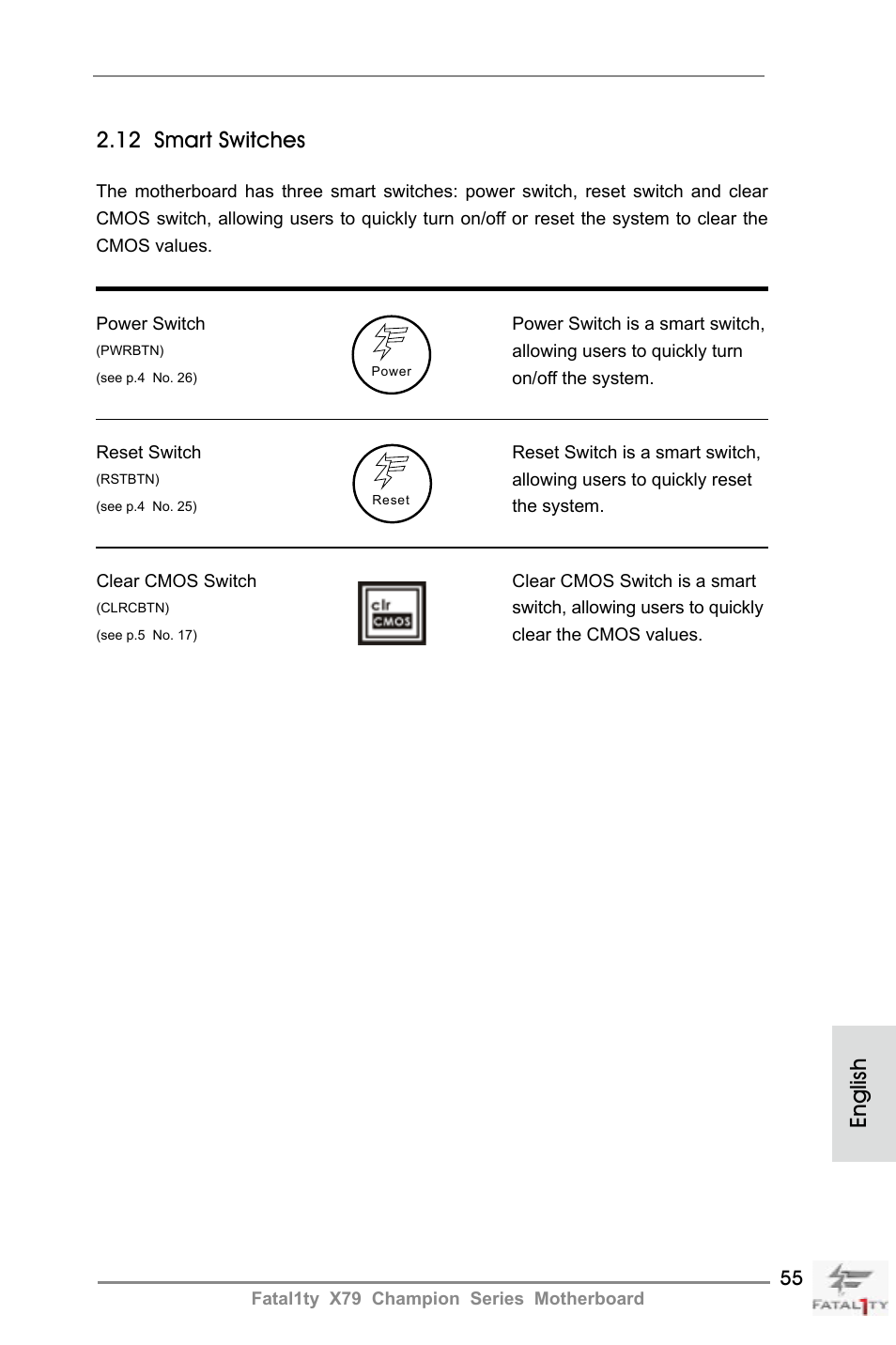 English, 12 smart switches | ASRock Fatal1ty X79 Champion User Manual | Page 55 / 265