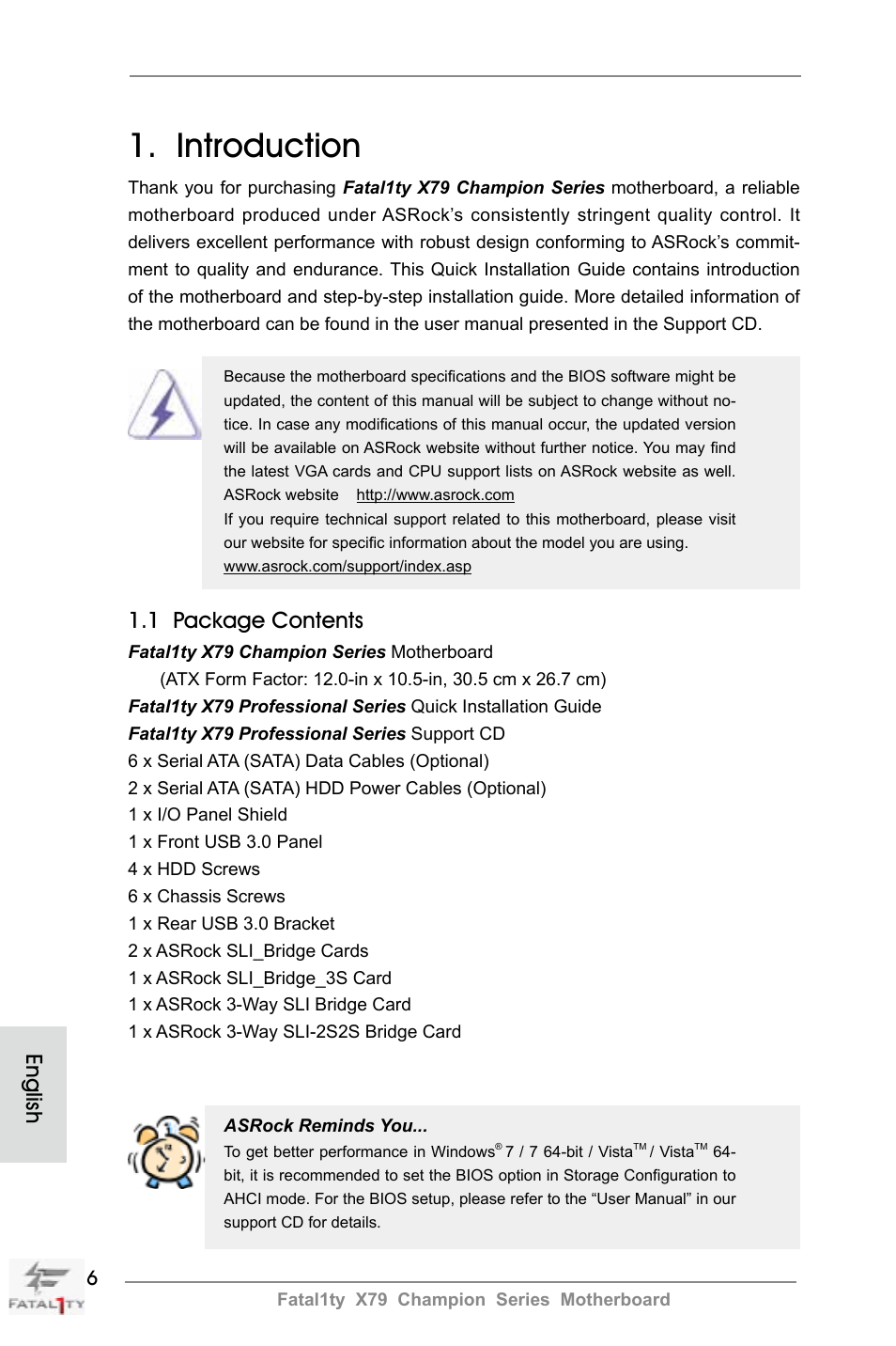Introduction, 1 package contents, English | ASRock Fatal1ty X79 Champion User Manual | Page 6 / 265