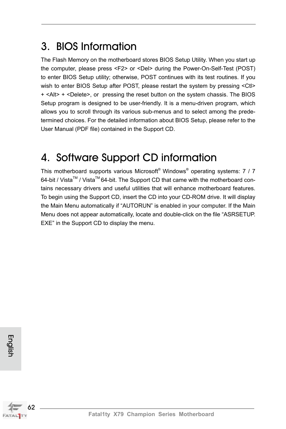 Bios information, Software support cd information, English | ASRock Fatal1ty X79 Champion User Manual | Page 62 / 265