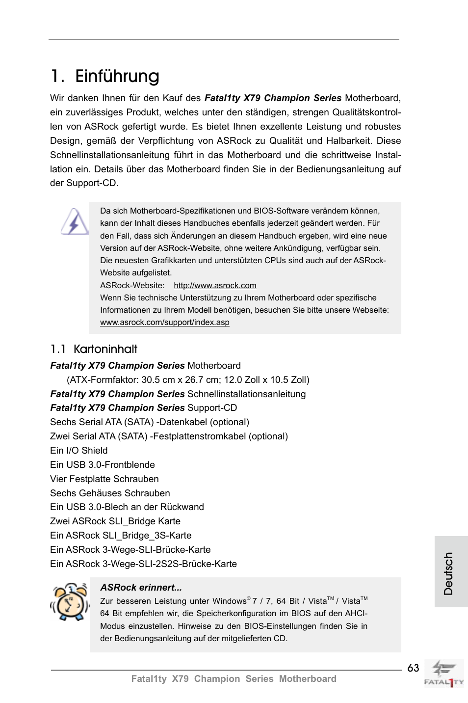 German, Einführung, 1 kartoninhalt | Deutsch | ASRock Fatal1ty X79 Champion User Manual | Page 63 / 265