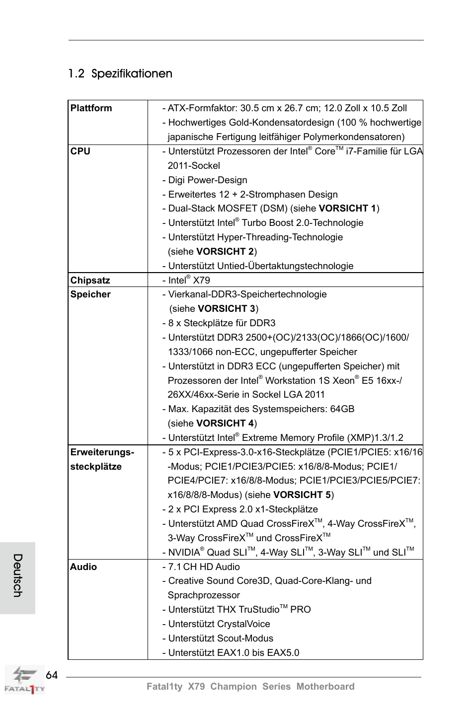 Deutsch 1.2 spezifikationen | ASRock Fatal1ty X79 Champion User Manual | Page 64 / 265