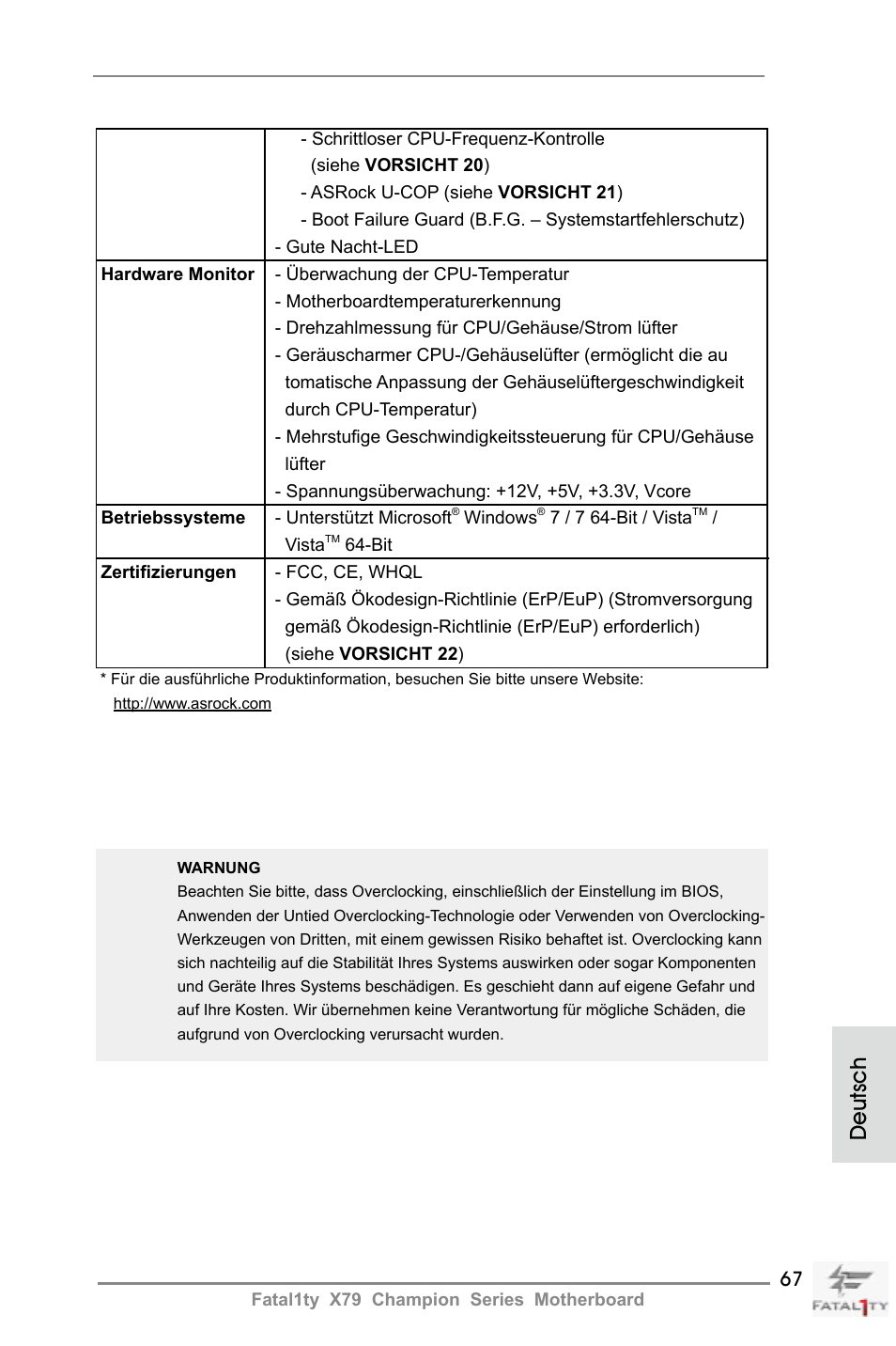 Deutsch | ASRock Fatal1ty X79 Champion User Manual | Page 67 / 265