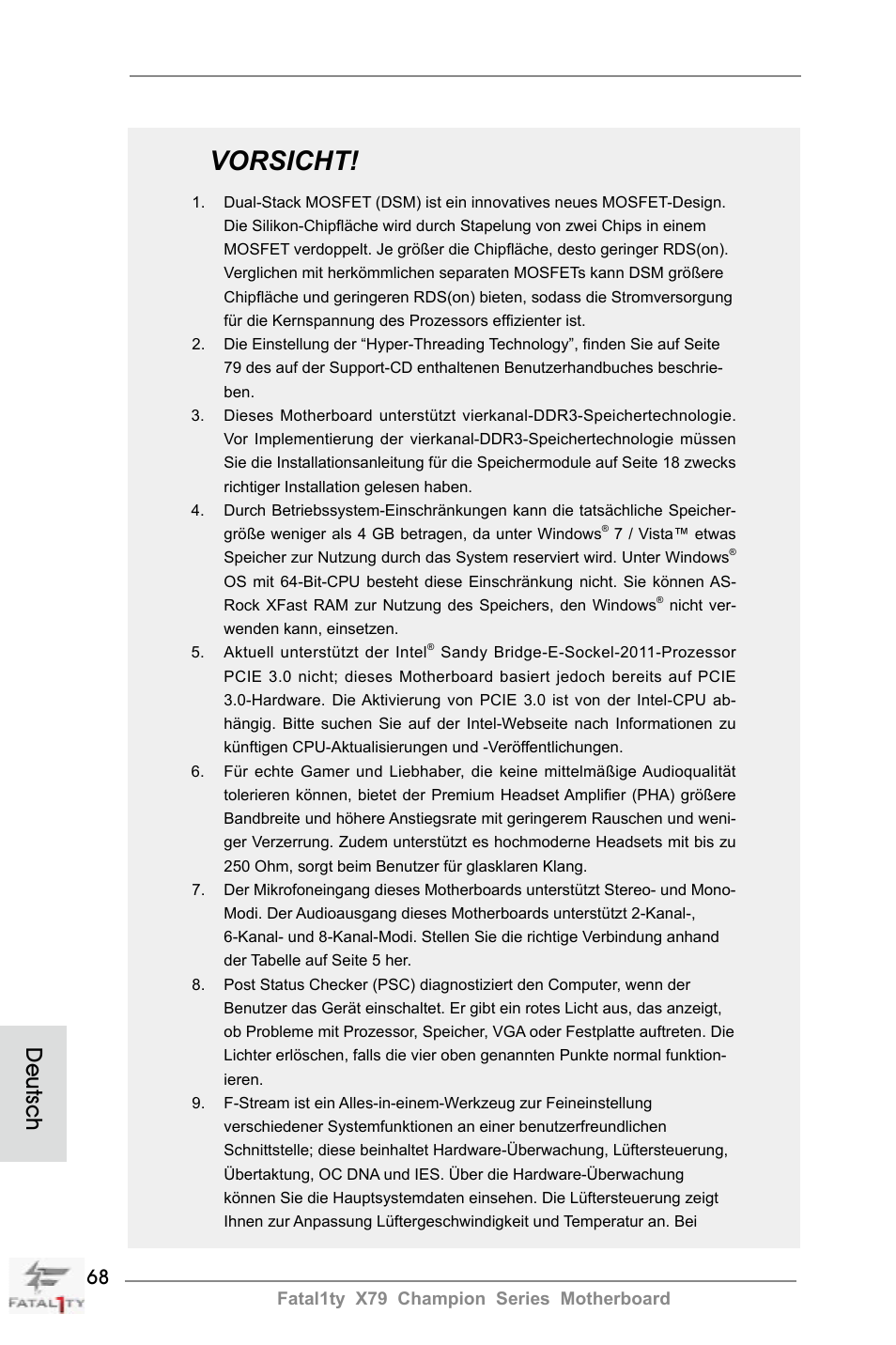 Vorsicht, Deutsch | ASRock Fatal1ty X79 Champion User Manual | Page 68 / 265