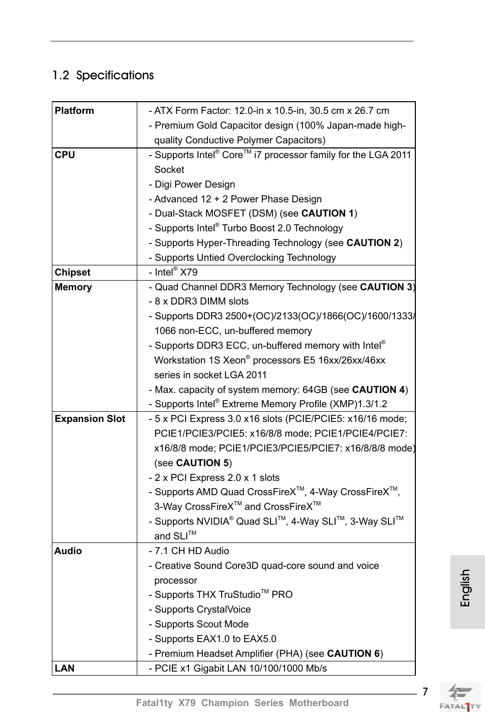 English 1.2 specifications | ASRock Fatal1ty X79 Champion User Manual | Page 7 / 265
