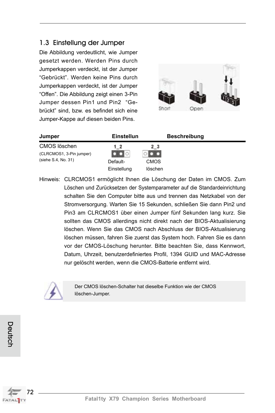 3 einstellung der jumper, Deutsch | ASRock Fatal1ty X79 Champion User Manual | Page 72 / 265
