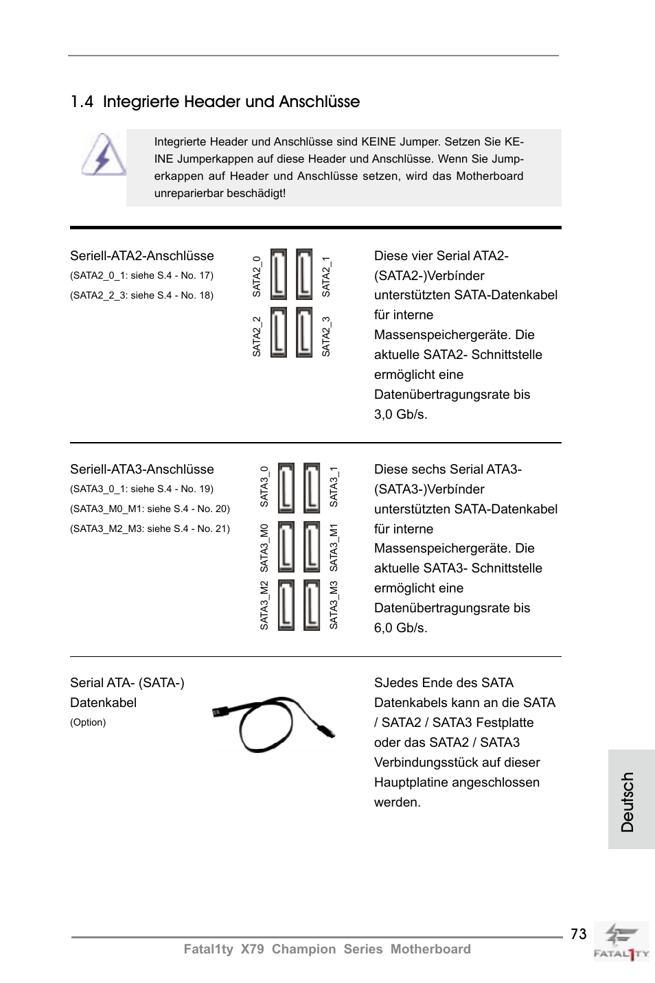 4 integrierte header und anschlüsse, Deutsch | ASRock Fatal1ty X79 Champion User Manual | Page 73 / 265