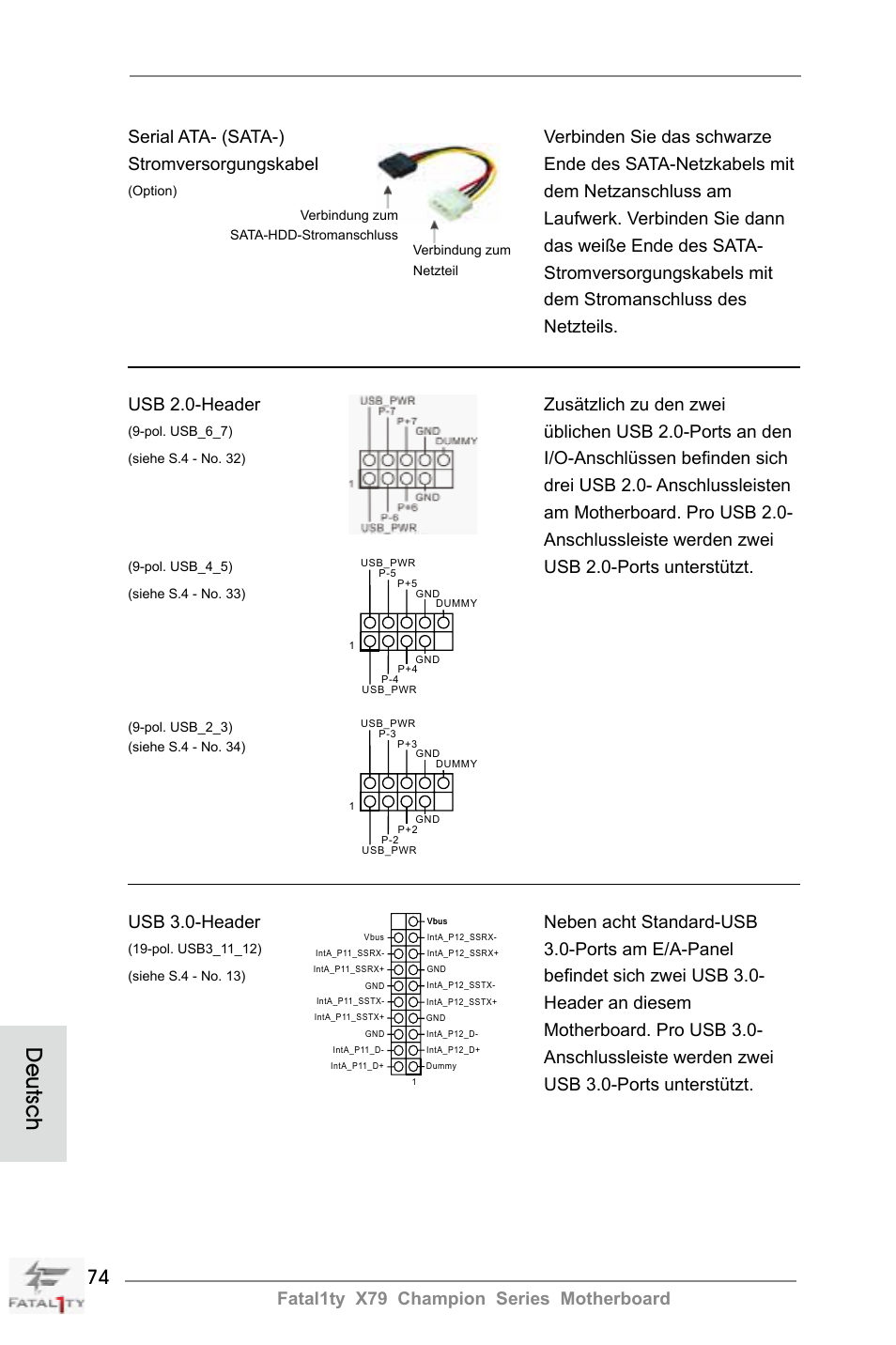 Deutsch, Üblichen usb 2.0-ports an den, Anschlussleiste werden zwei | Usb 2.0-ports unterstützt, Usb 3.0-header neben acht standard-usb, Ports am e/a-panel | ASRock Fatal1ty X79 Champion User Manual | Page 74 / 265