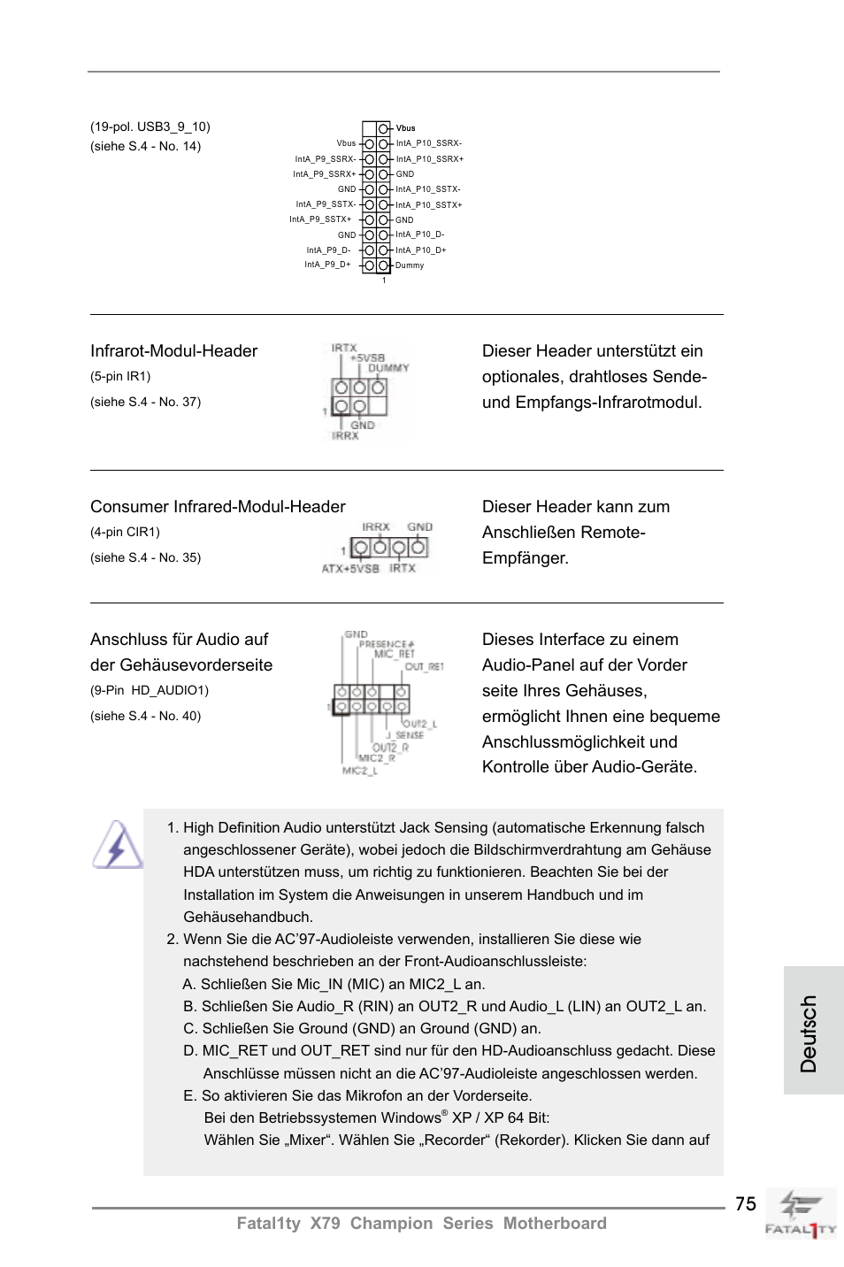 Deutsch, Fatal1ty x79 champion series motherboard, Optionales, drahtloses sende | Seite ihres gehäuses, Anschließen remote, Empfänger | ASRock Fatal1ty X79 Champion User Manual | Page 75 / 265