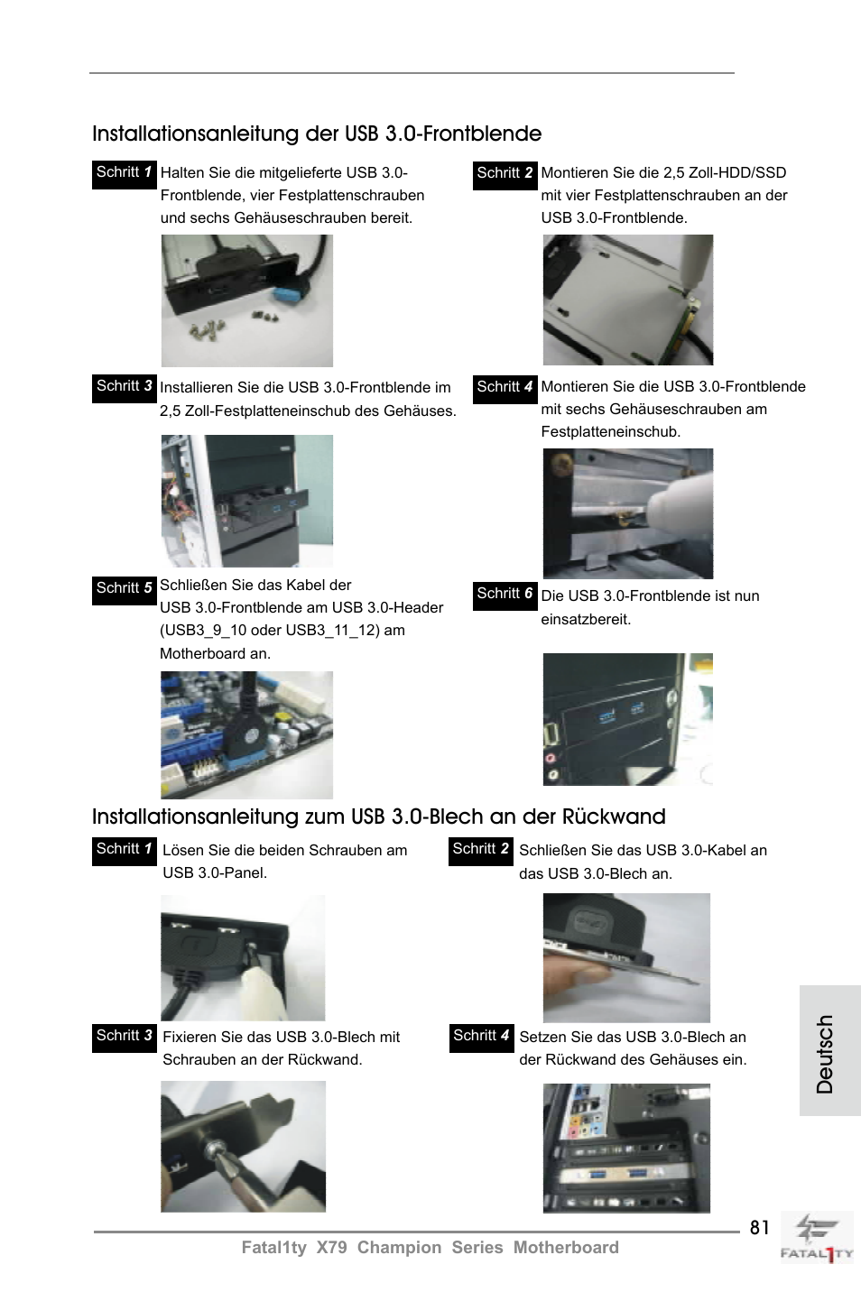 Installationsanleitung der usb 3.0-frontblende, Deutsch | ASRock Fatal1ty X79 Champion User Manual | Page 81 / 265