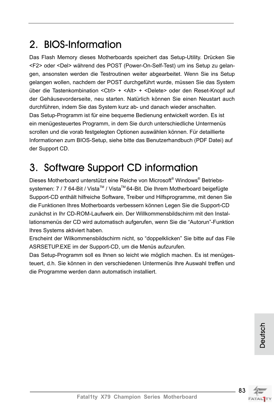 Bios-information, Software support cd information, Deutsch | ASRock Fatal1ty X79 Champion User Manual | Page 83 / 265