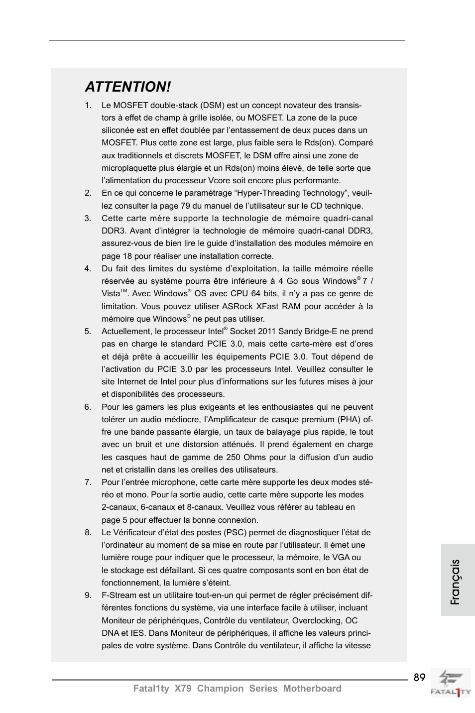 Attention, Français | ASRock Fatal1ty X79 Champion User Manual | Page 89 / 265