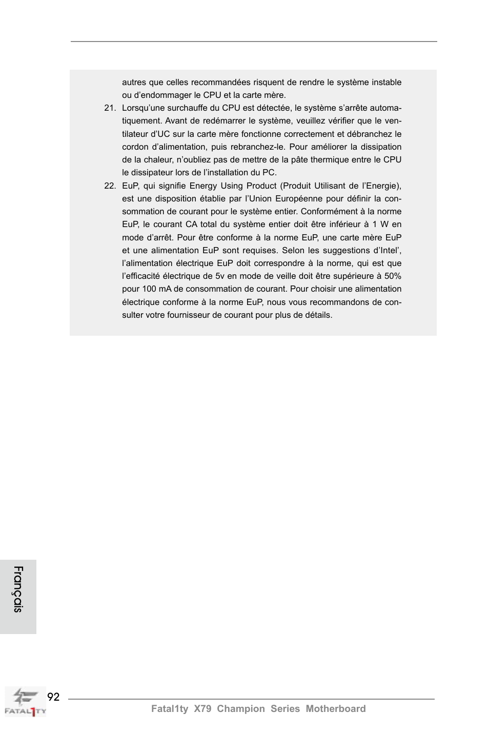 Français | ASRock Fatal1ty X79 Champion User Manual | Page 92 / 265